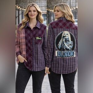 Upcycled BLONDIE Graphic Tee On REWIND Mixed Patterns Flannel Shirt Size XL